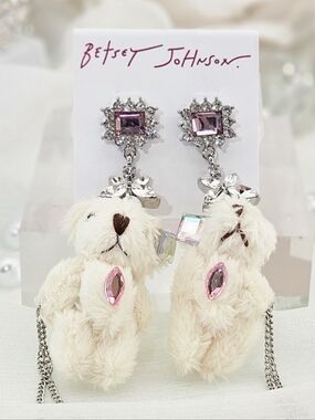 Betsey Johnson Earrings Stone Plush Teddy Bear Crystal Drop Earrings